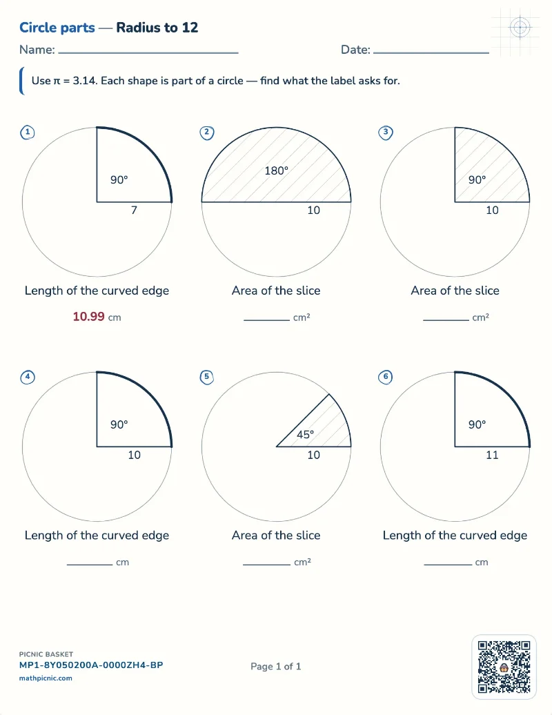 Arc length and sector area worksheet — free printable with answer key
