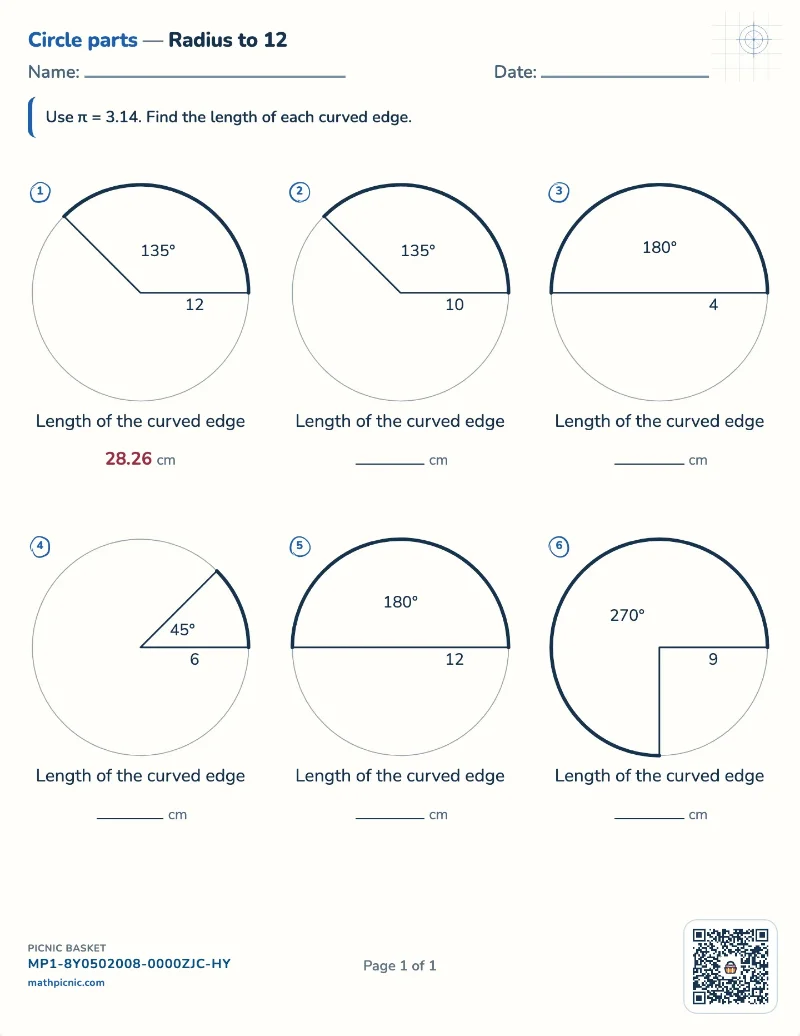 Arc length worksheet — free printable with answer key