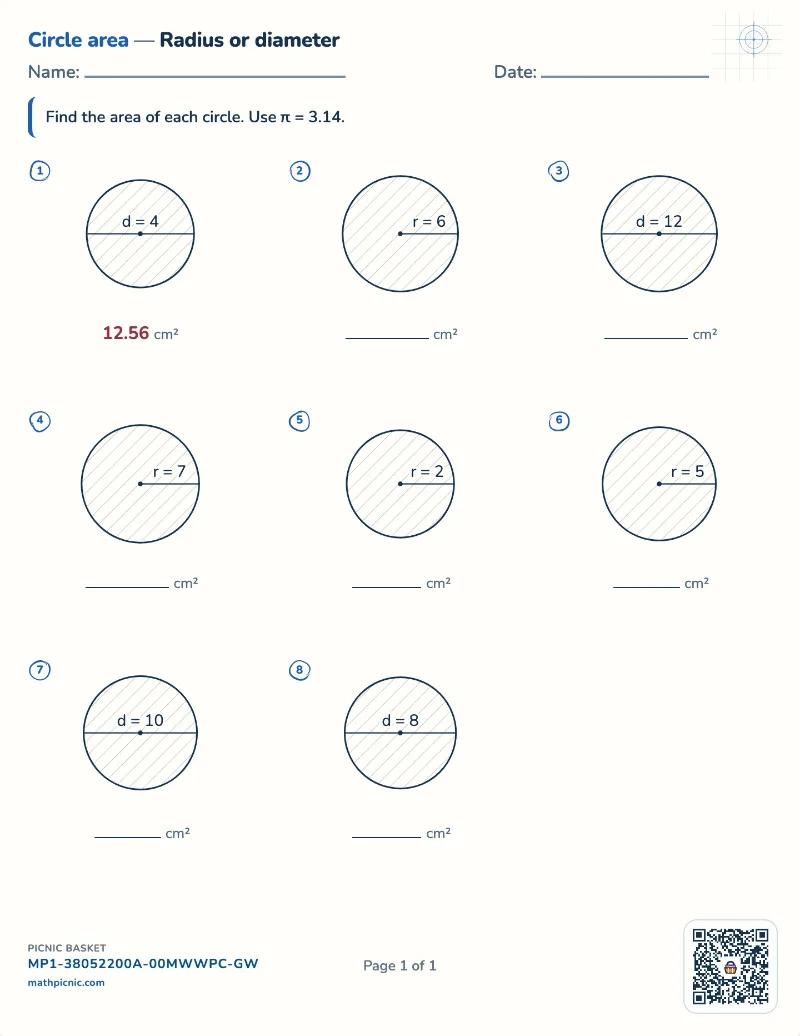 Area of a circle worksheet — free printable with answer key