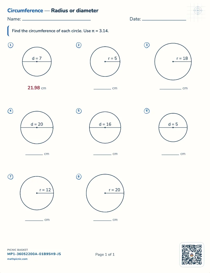 Circumference of a circle worksheet — free printable with answer key