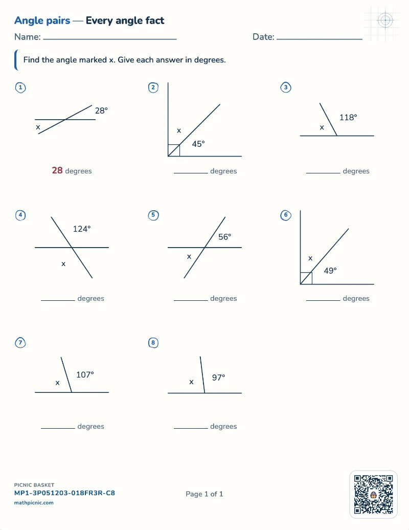 Complementary and supplementary angles worksheet — free printable with answer key