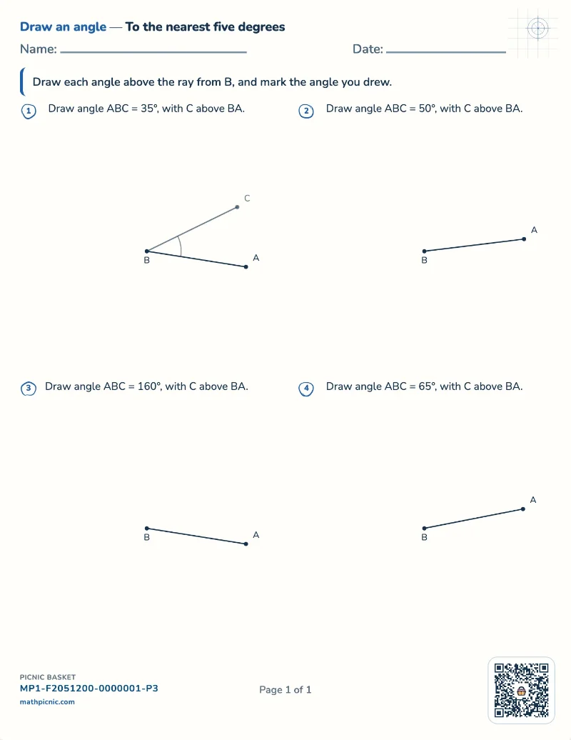 Drawing angles with a protractor worksheet — free printable with answer key