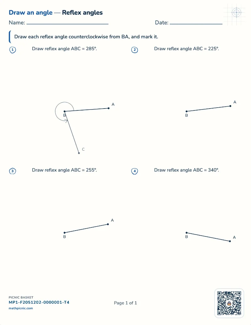 Drawing reflex angles worksheet — free printable with answer key