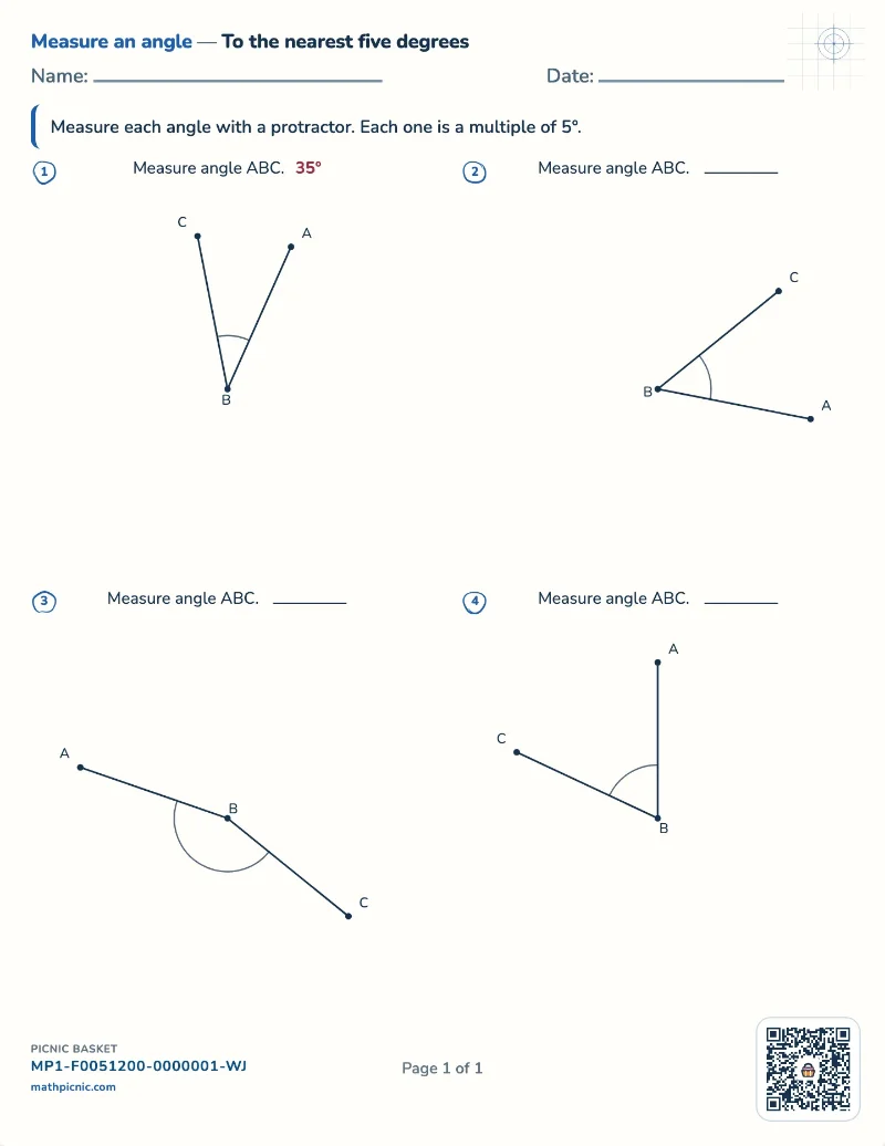 Measuring angles with a protractor worksheet — free printable with answer key
