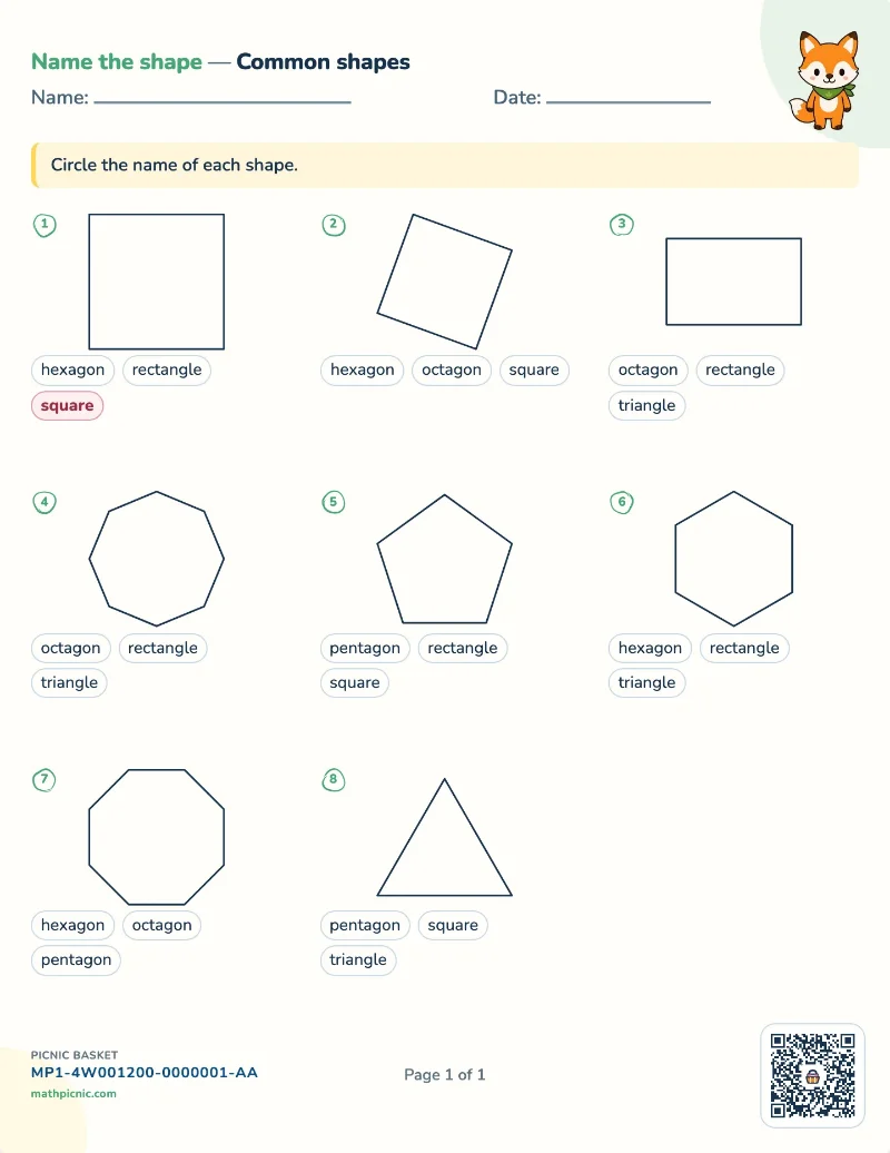 Naming 2D shapes worksheet — free printable with answer key