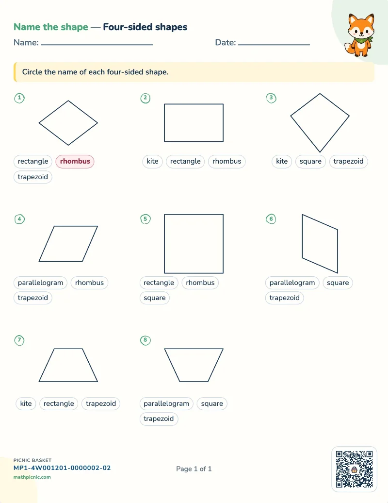 Naming quadrilaterals worksheet — free printable with answer key