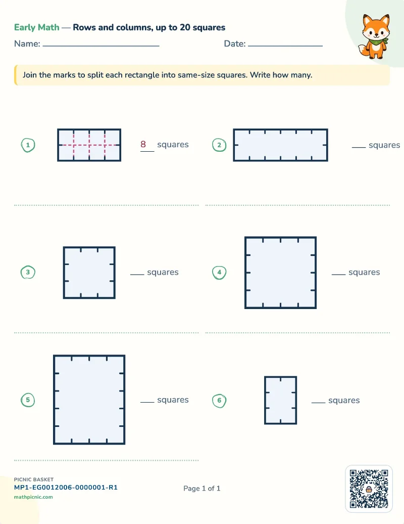 Rows and columns of squares worksheet — free printable with answer key