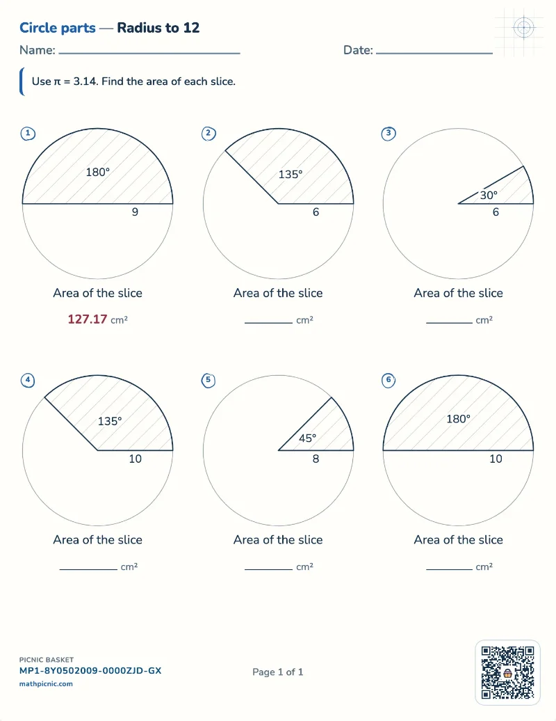 Sector area worksheet — free printable with answer key