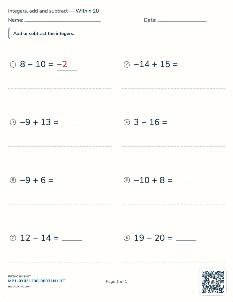 Integer operations worksheet — free printable with answer key