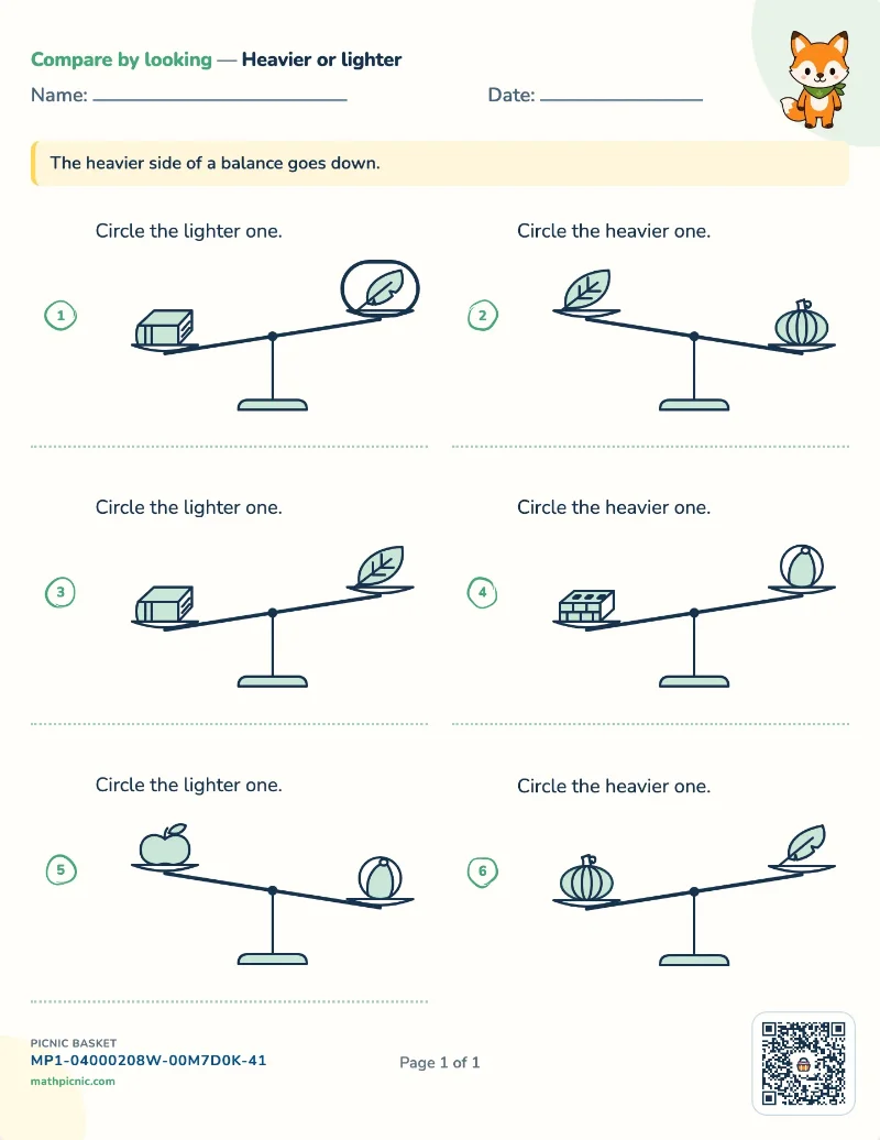 Heavier or lighter worksheet — free printable with answer key