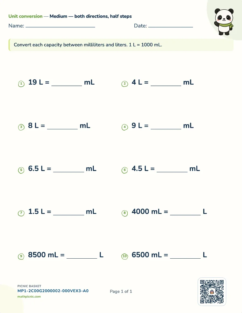 Metric capacity conversion worksheet — free printable with answer key