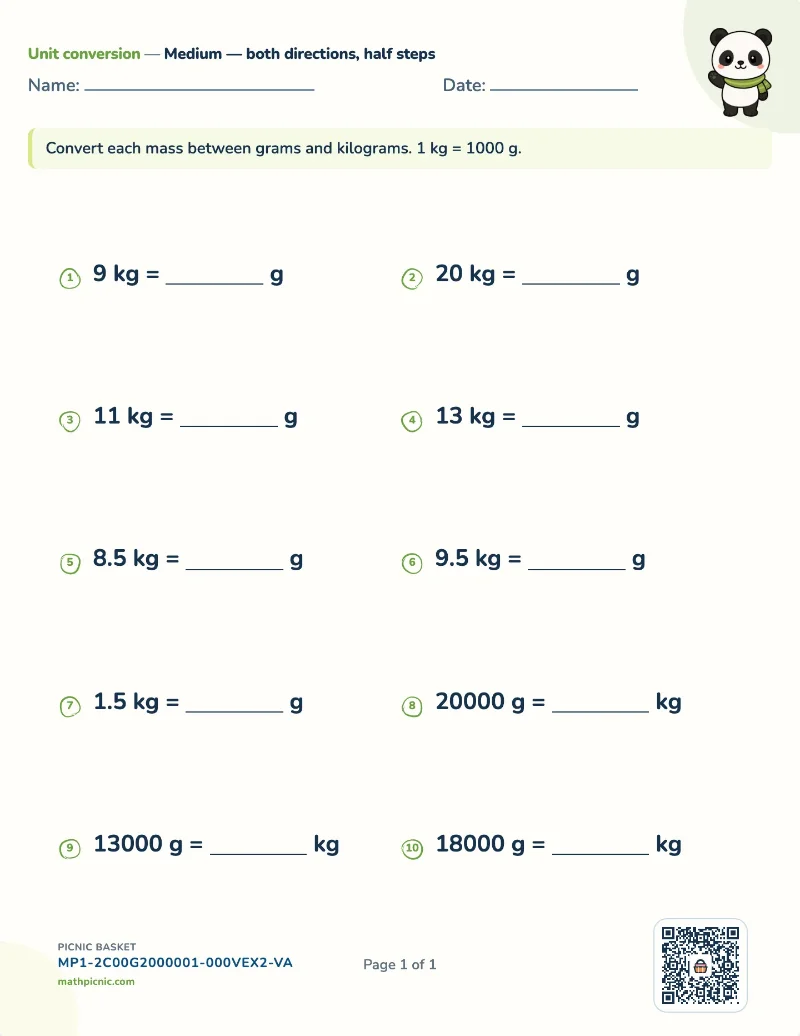 Metric mass conversion worksheet — free printable with answer key