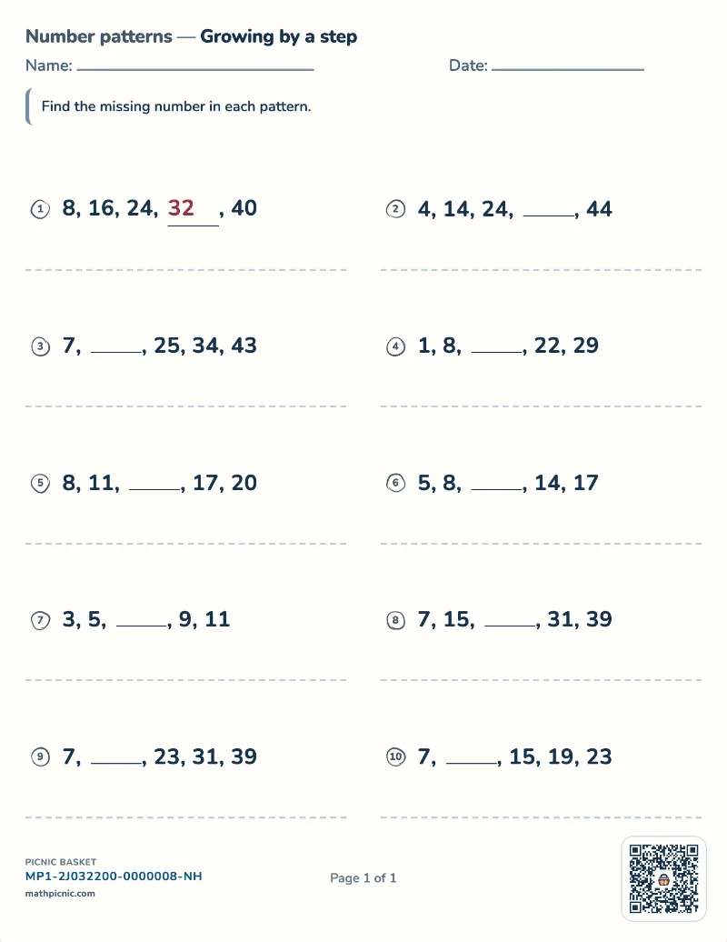 Number patterns worksheet — free printable with answer key
