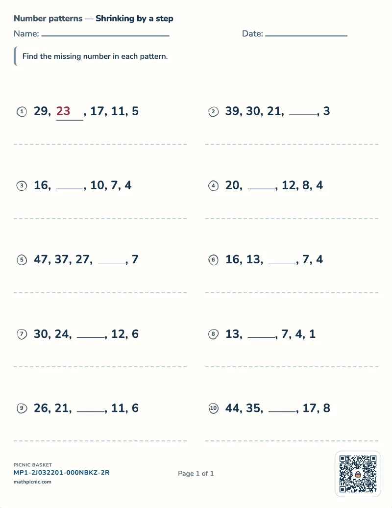 Decreasing number patterns worksheet — free printable with answer key
