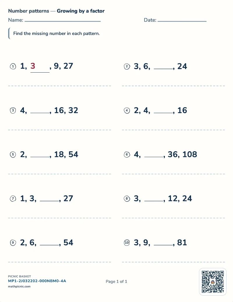 Multiplying number patterns worksheet — free printable with answer key