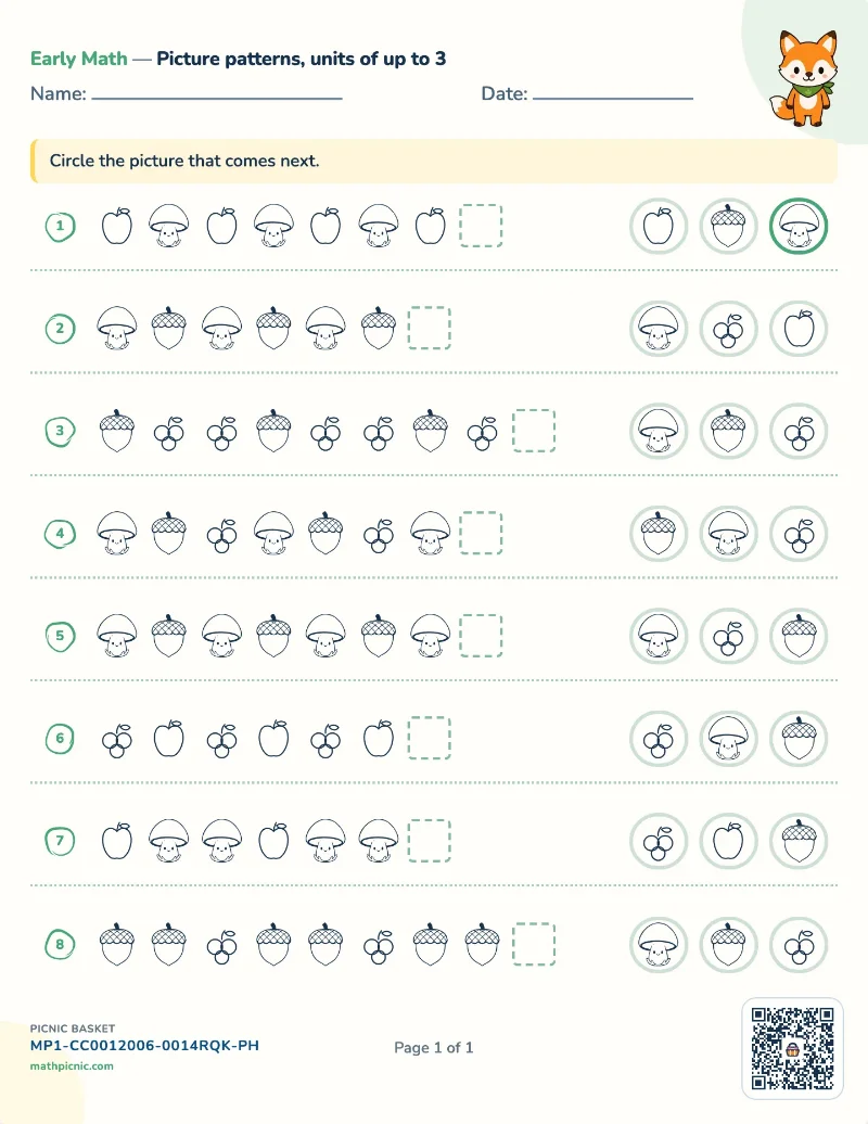 Picture patterns worksheet — free printable with answer key