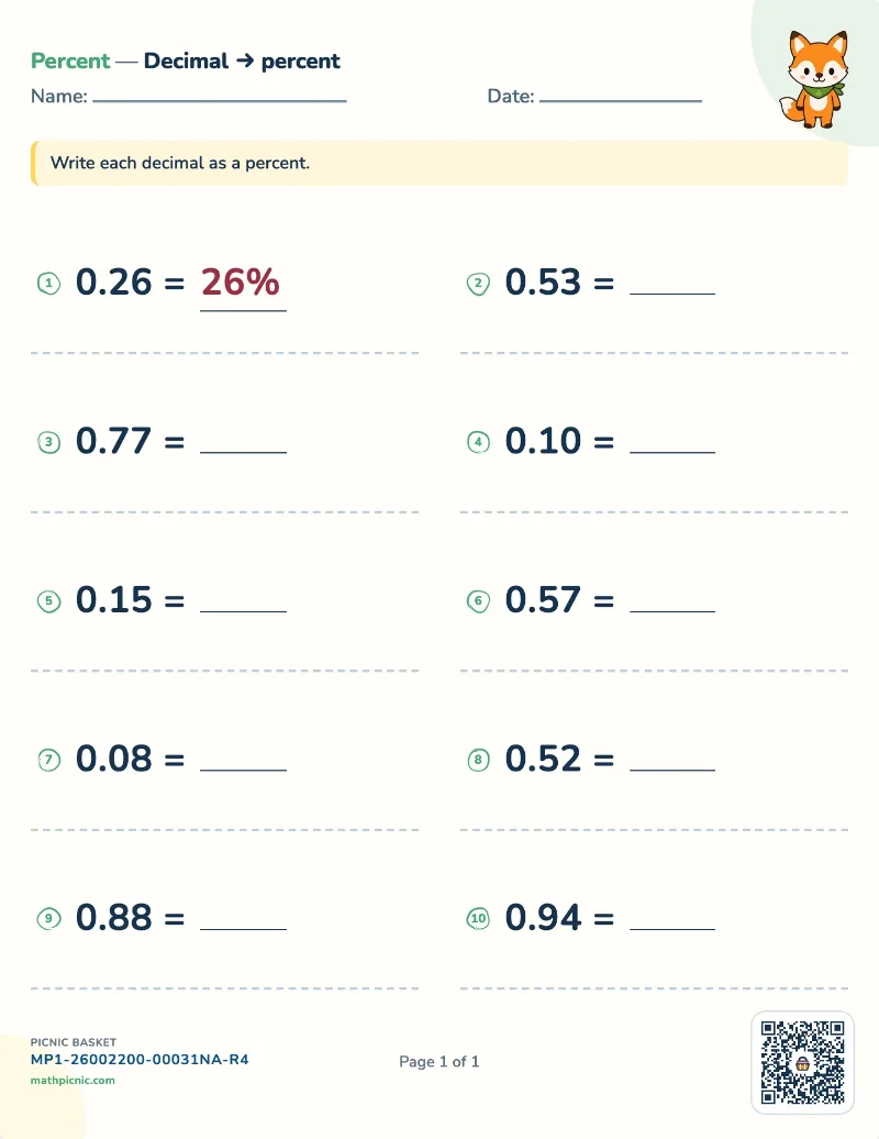 Decimals and percents worksheet — free printable with answer key