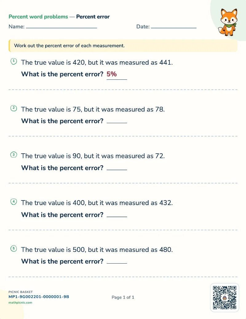 Percent error worksheet — free printable with answer key