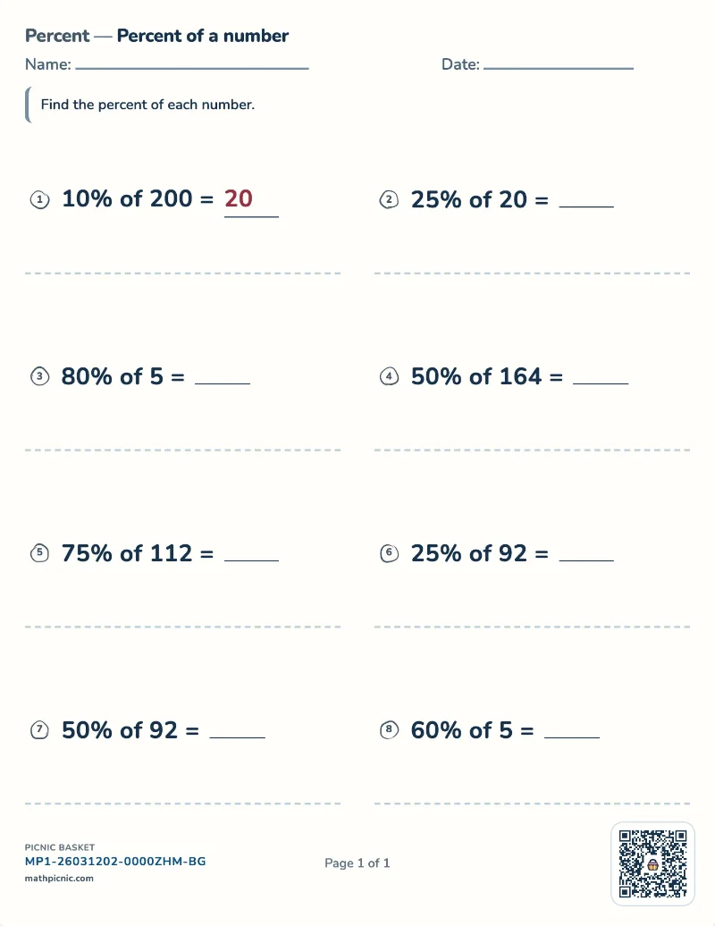 Percent of a number worksheet — free printable with answer key