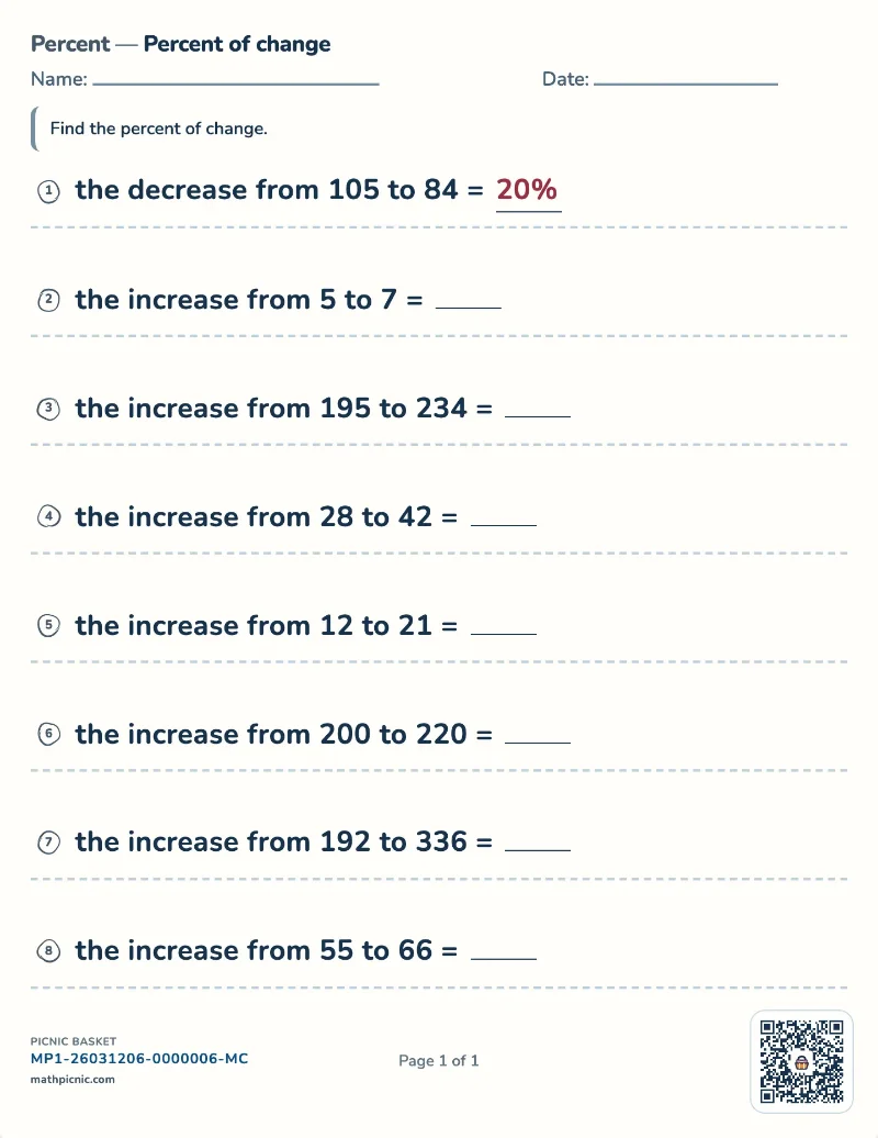 Percent of change worksheet — free printable with answer key