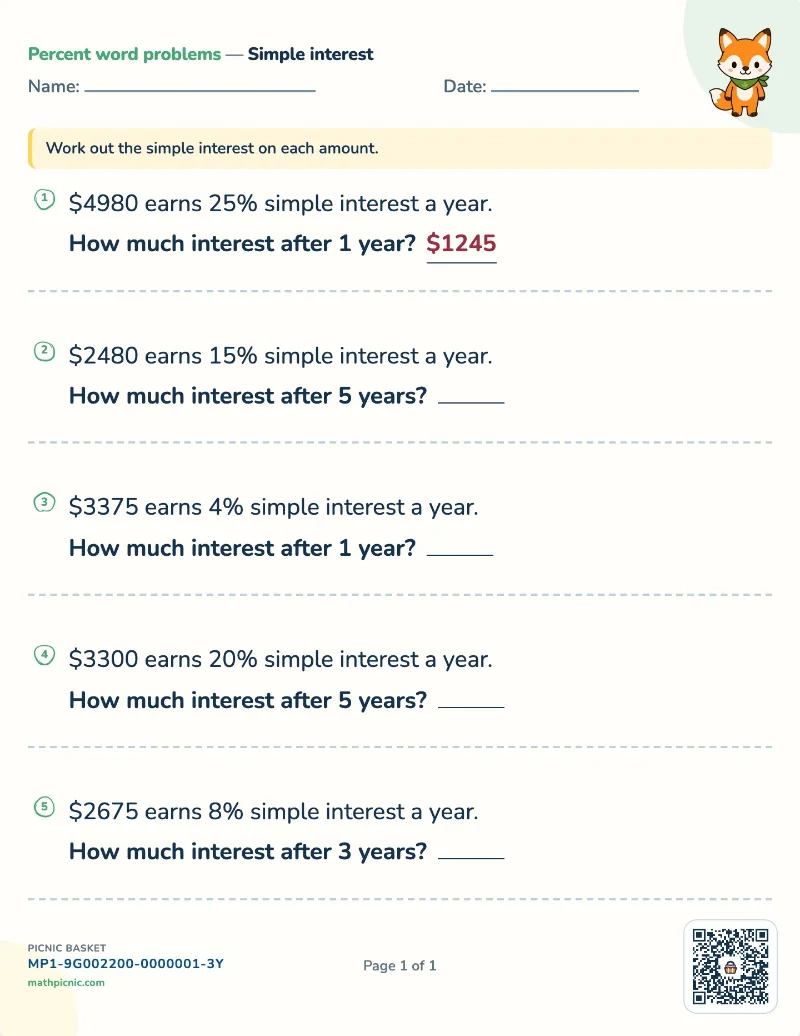Simple interest worksheet — free printable with answer key