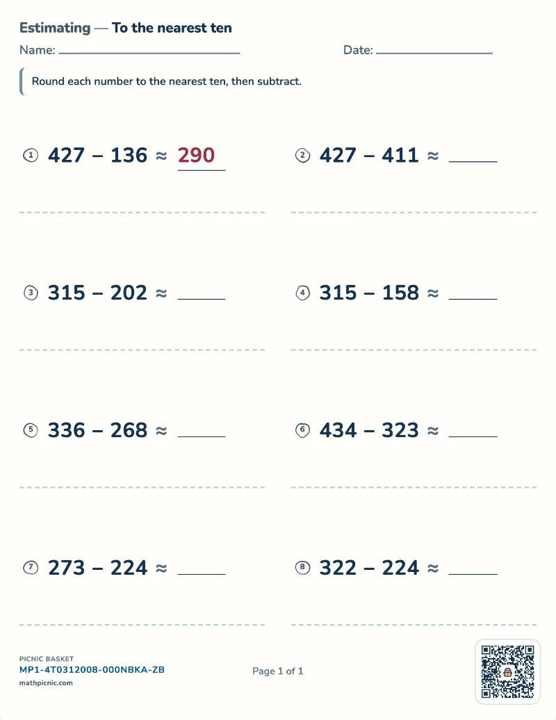 Estimating differences worksheet — free printable with answer key