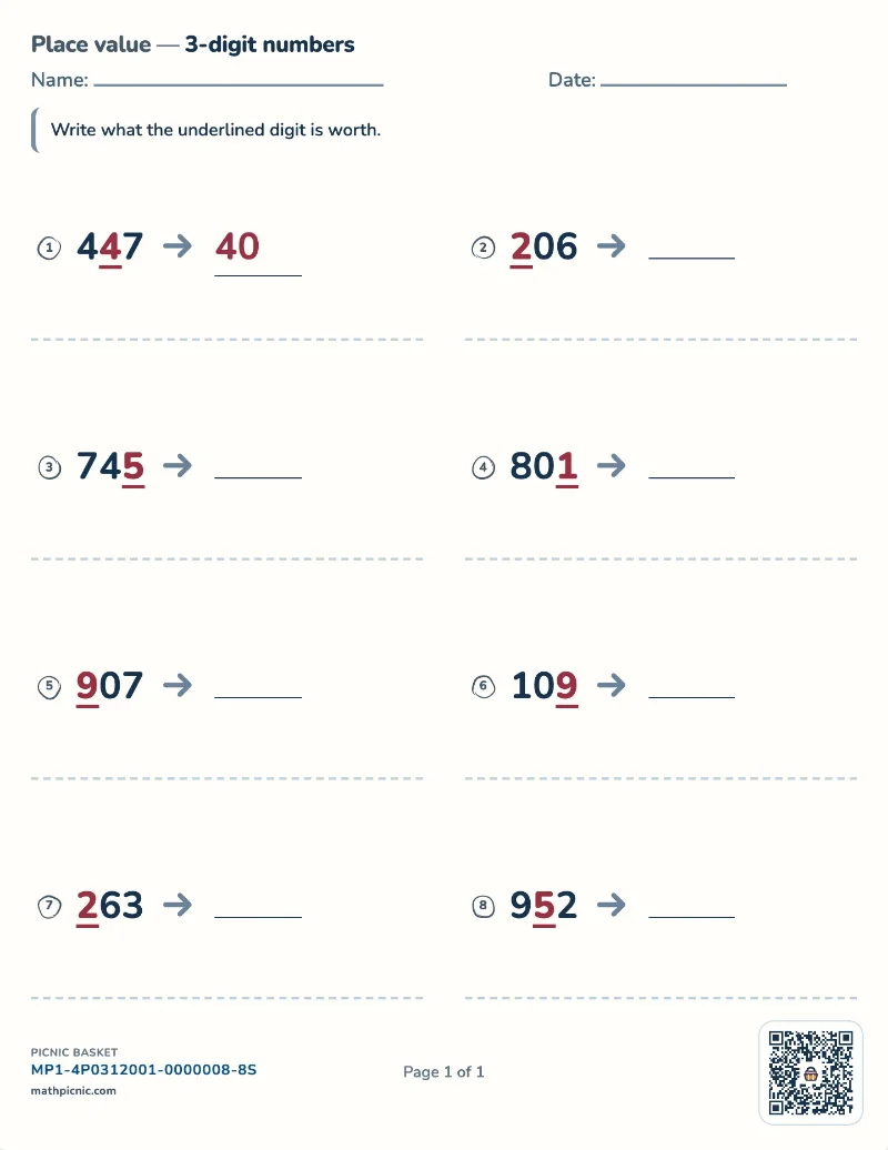 Whole-number place value worksheet — free printable with answer key