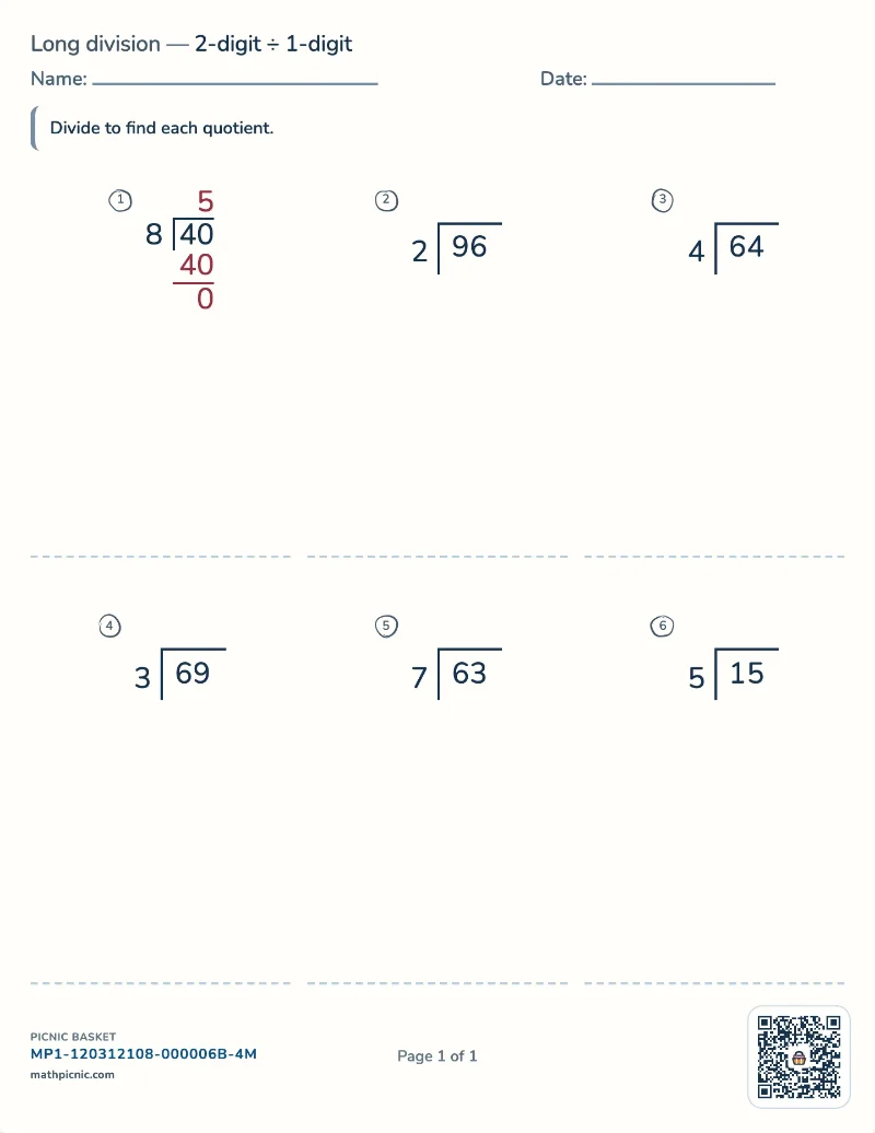 2-digit by 1-digit long division worksheet — free printable with answer key