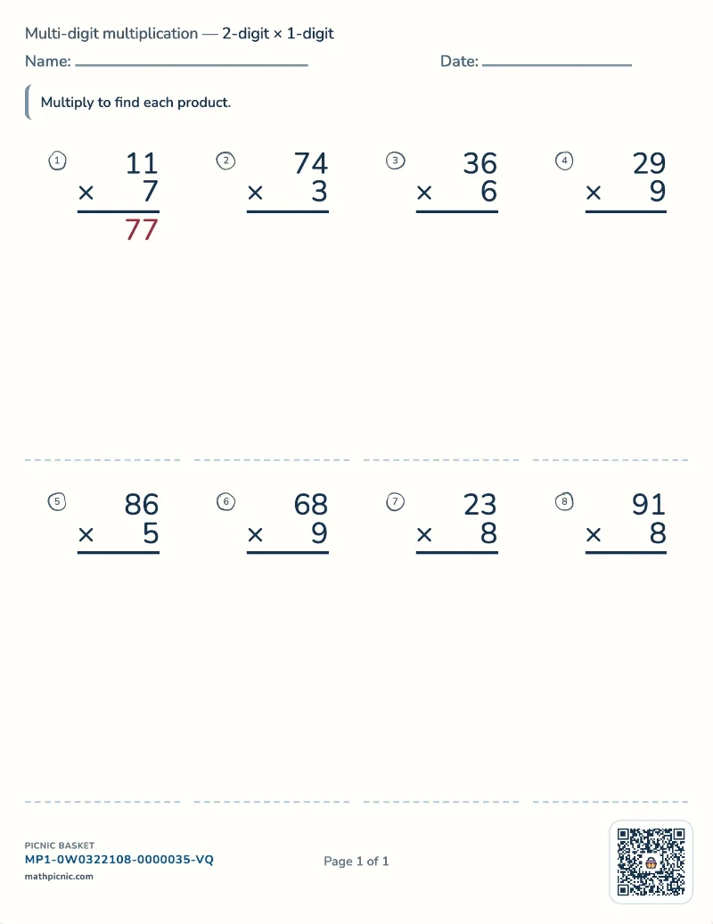 2-digit by 1-digit multiplication worksheet — free printable with answer key