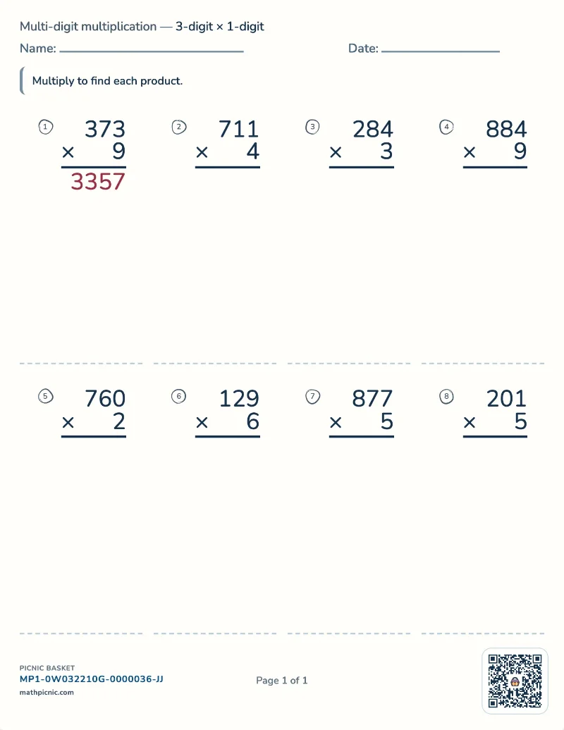 3-digit by 1-digit multiplication worksheet — free printable with answer key