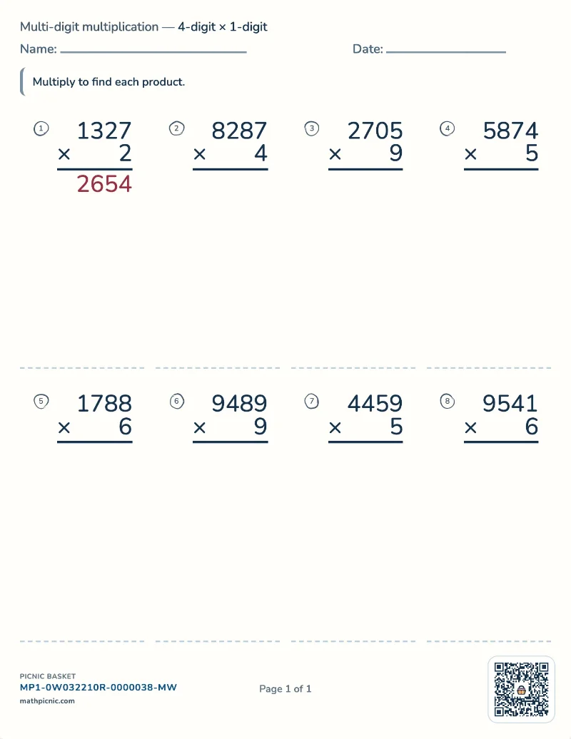 4-digit by 1-digit multiplication worksheet — free printable with answer key
