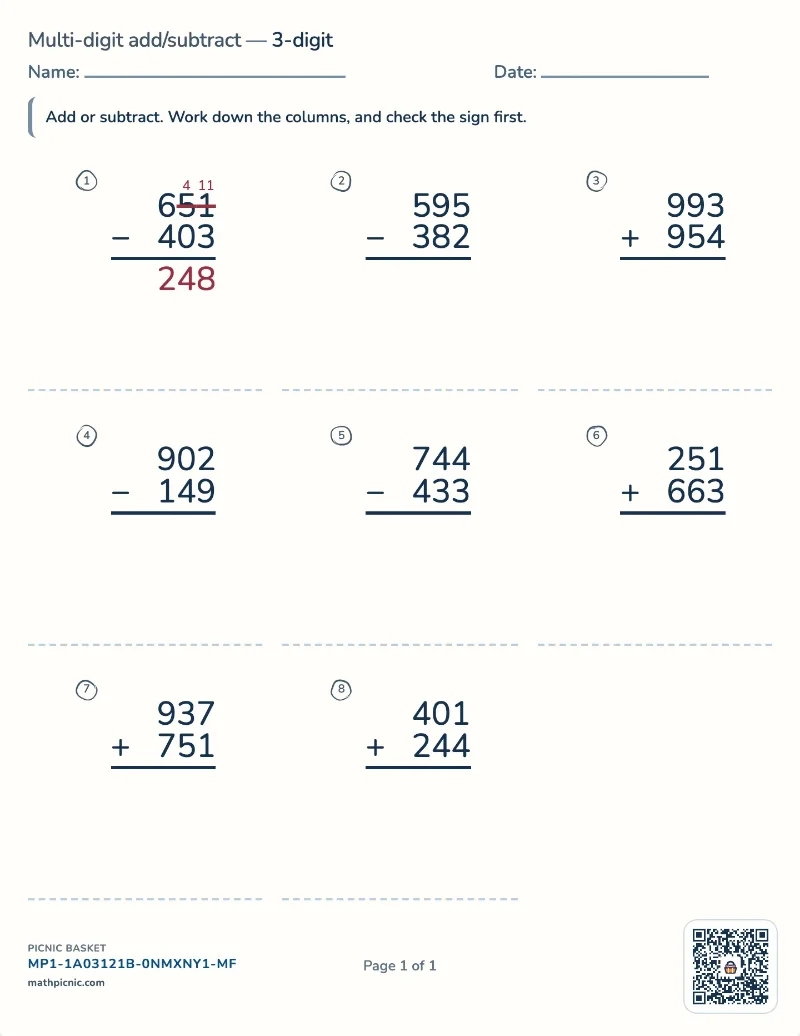 Column addition & subtraction worksheet — free printable with answer key