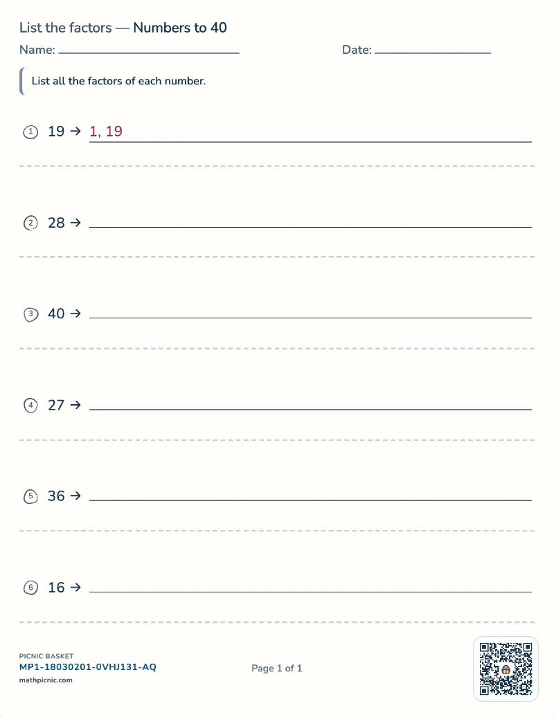List the factors worksheet — free printable with answer key