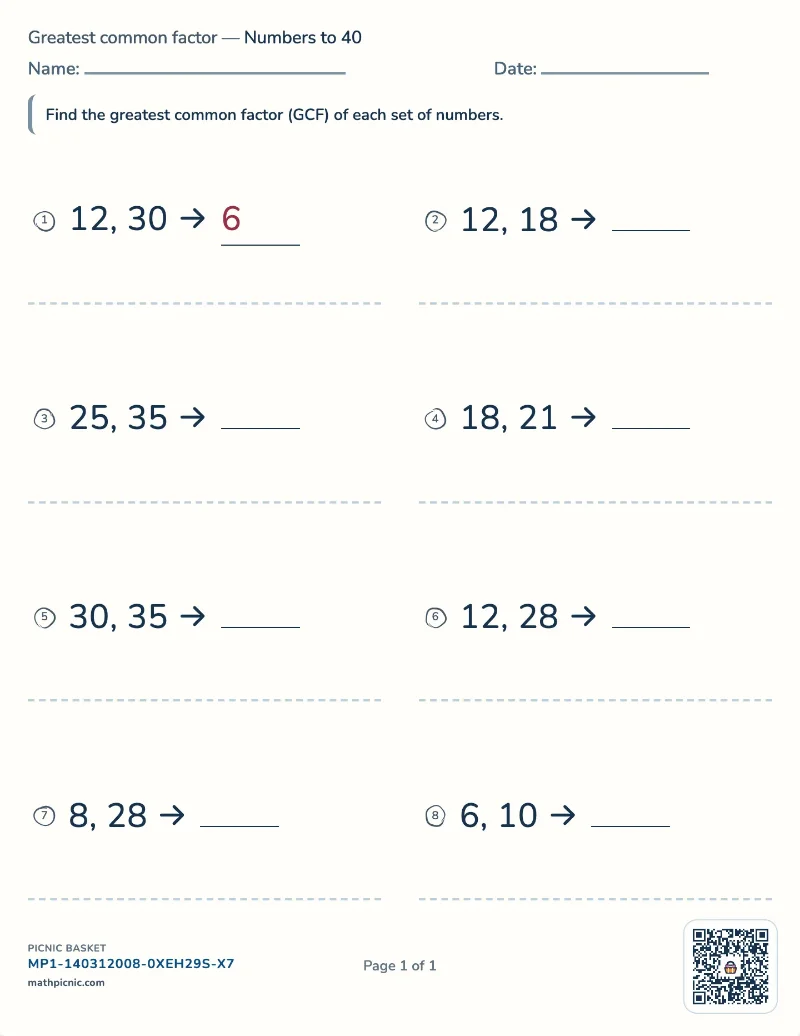 Greatest common factor worksheet — free printable with answer key