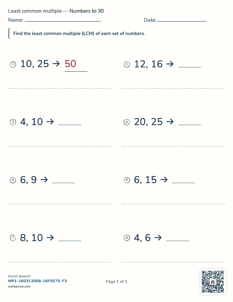 Least common multiple worksheet — free printable with answer key