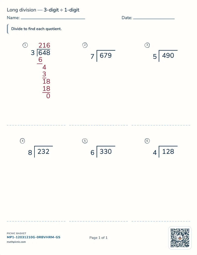 Long division worksheet — free printable with answer key
