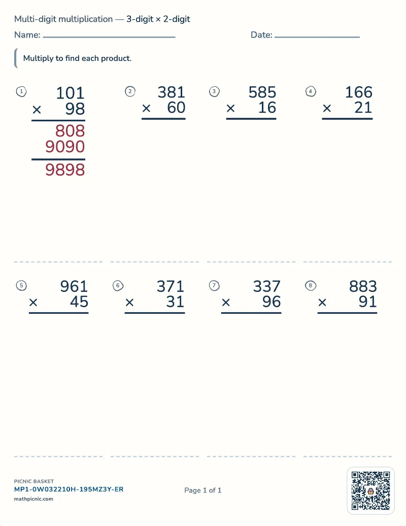 Multi-digit multiplication worksheet — free printable with answer key