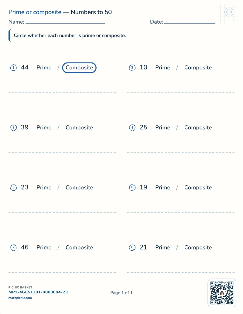 Prime or composite worksheet — free printable with answer key