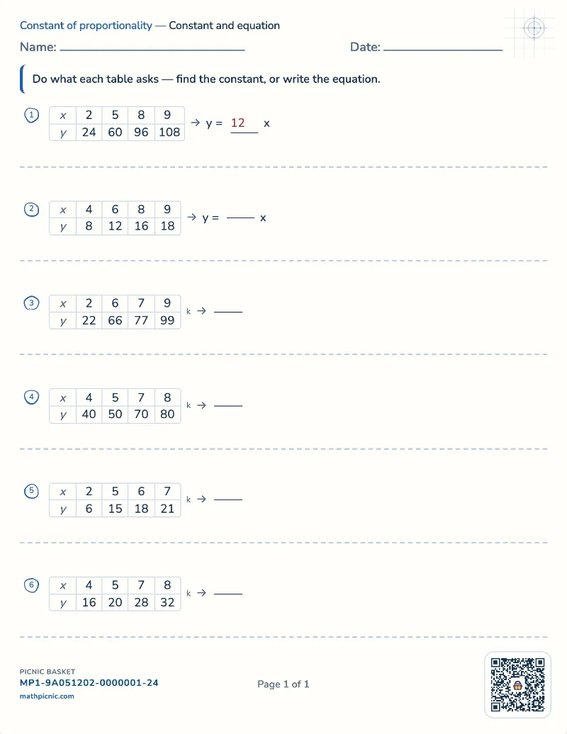 Constant of proportionality worksheet — free printable with answer key