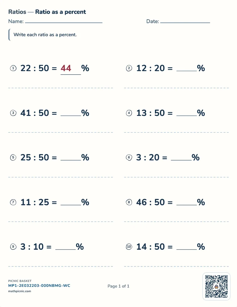 Writing a ratio as a percent worksheet — free printable with answer key