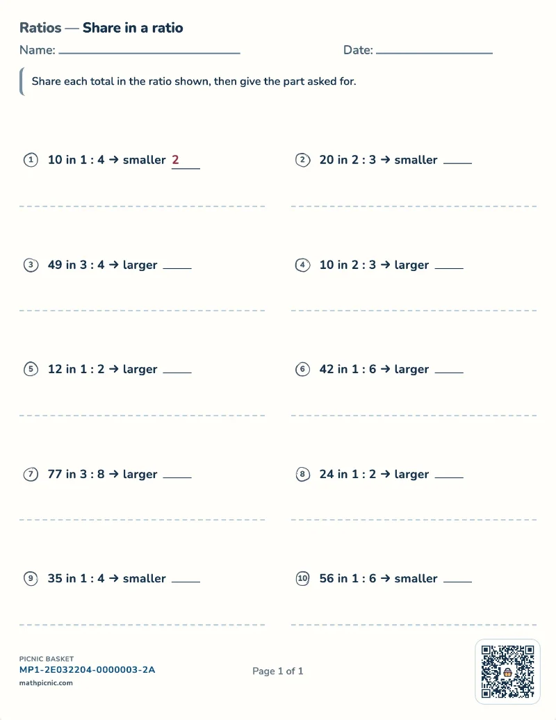 Sharing in a ratio worksheet — free printable with answer key