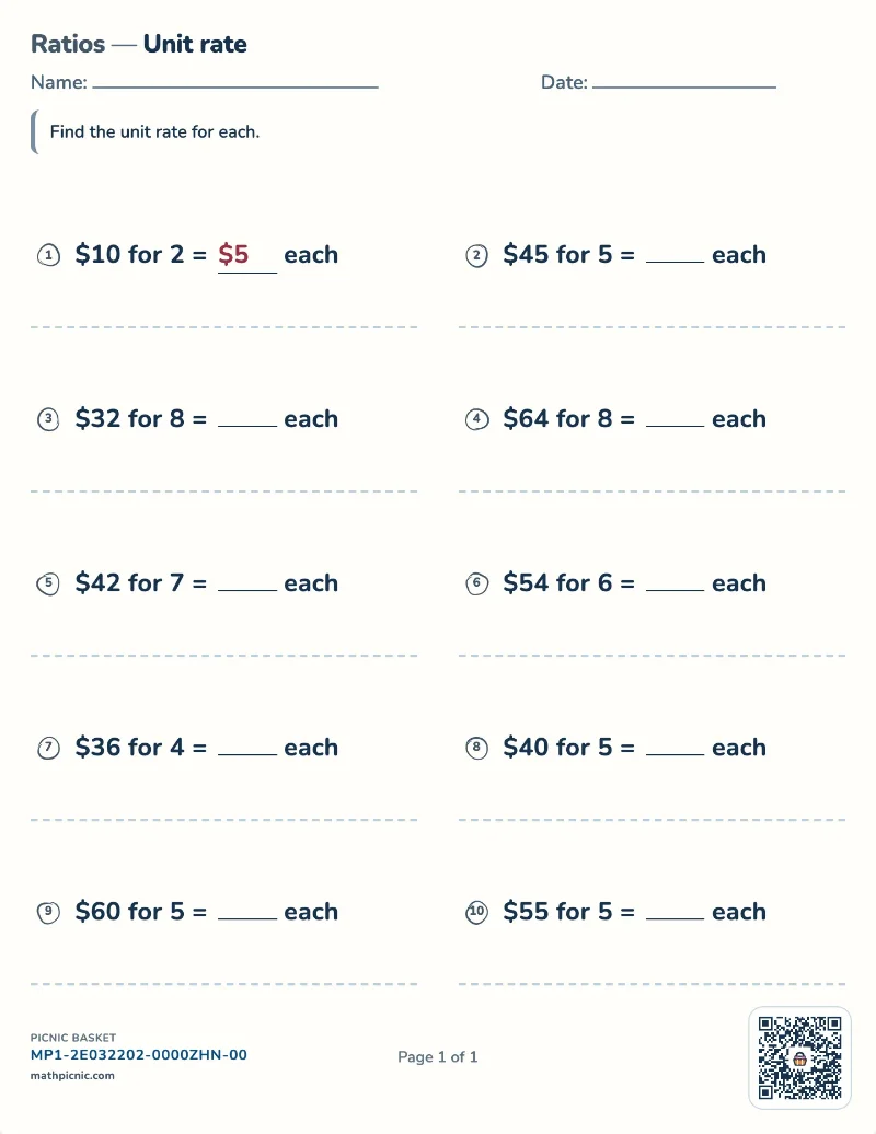 Unit rate worksheet — free printable with answer key