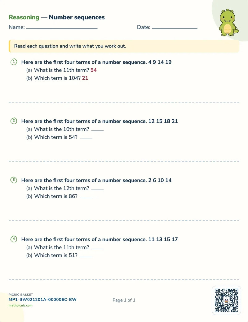 Number sequences worksheet — free printable with answer key
