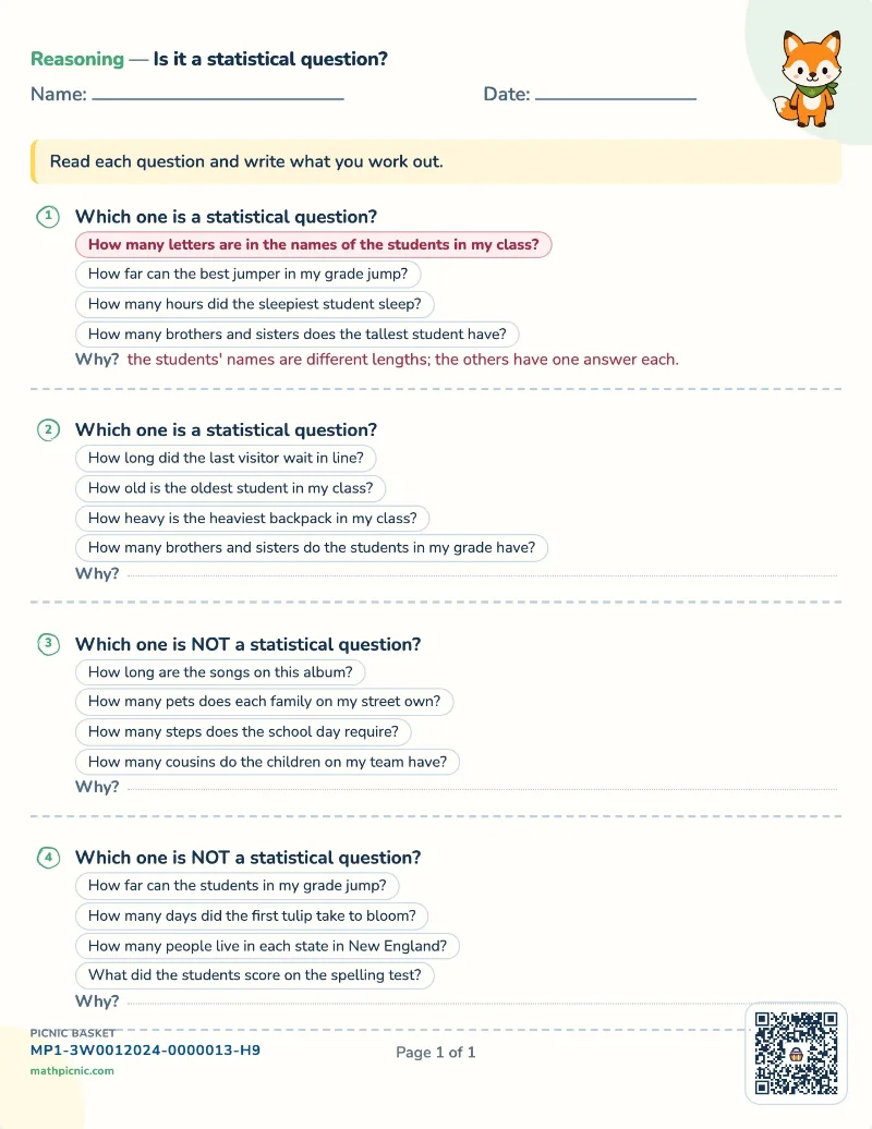 Statistical questions worksheet — free printable with answer key
