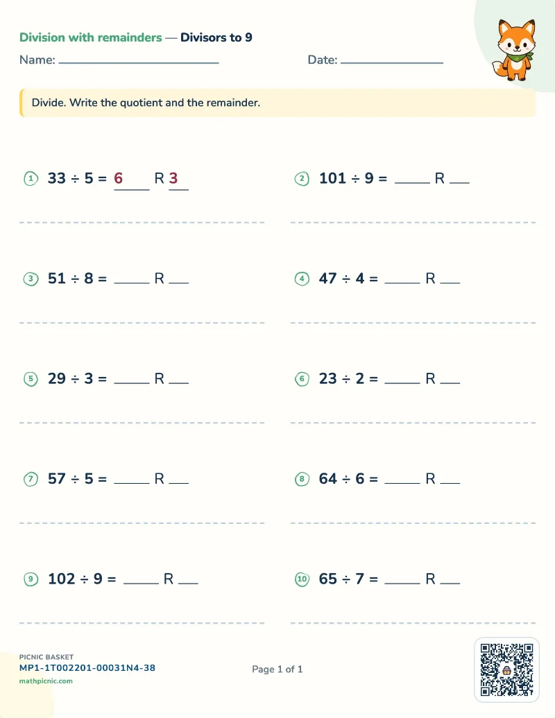 Division with remainders worksheet — free printable with answer key