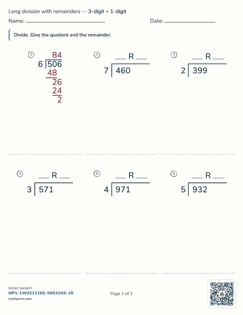 Long division with remainders worksheet — free printable with answer key