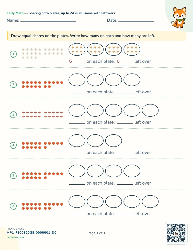 Sharing with leftovers worksheet — free printable with answer key