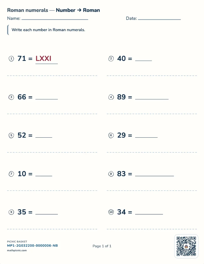 Roman numeral conversion worksheet — free printable with answer key