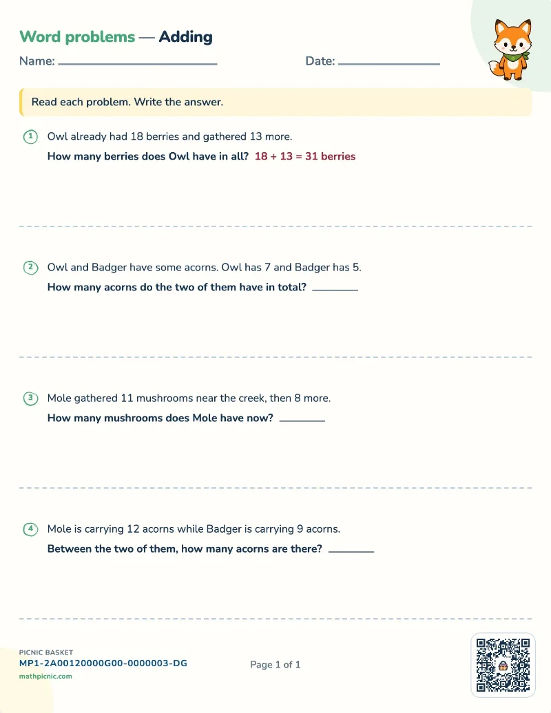 Addition word problems worksheet — free printable with answer key