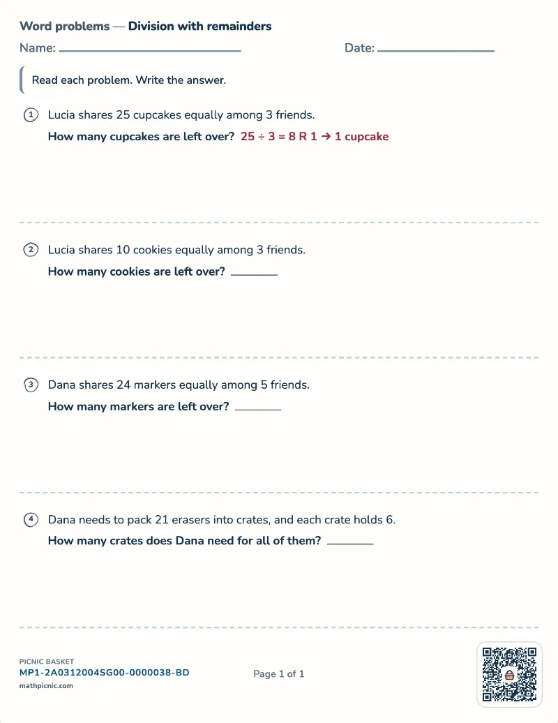Division word problems with remainders worksheet — free printable with answer key